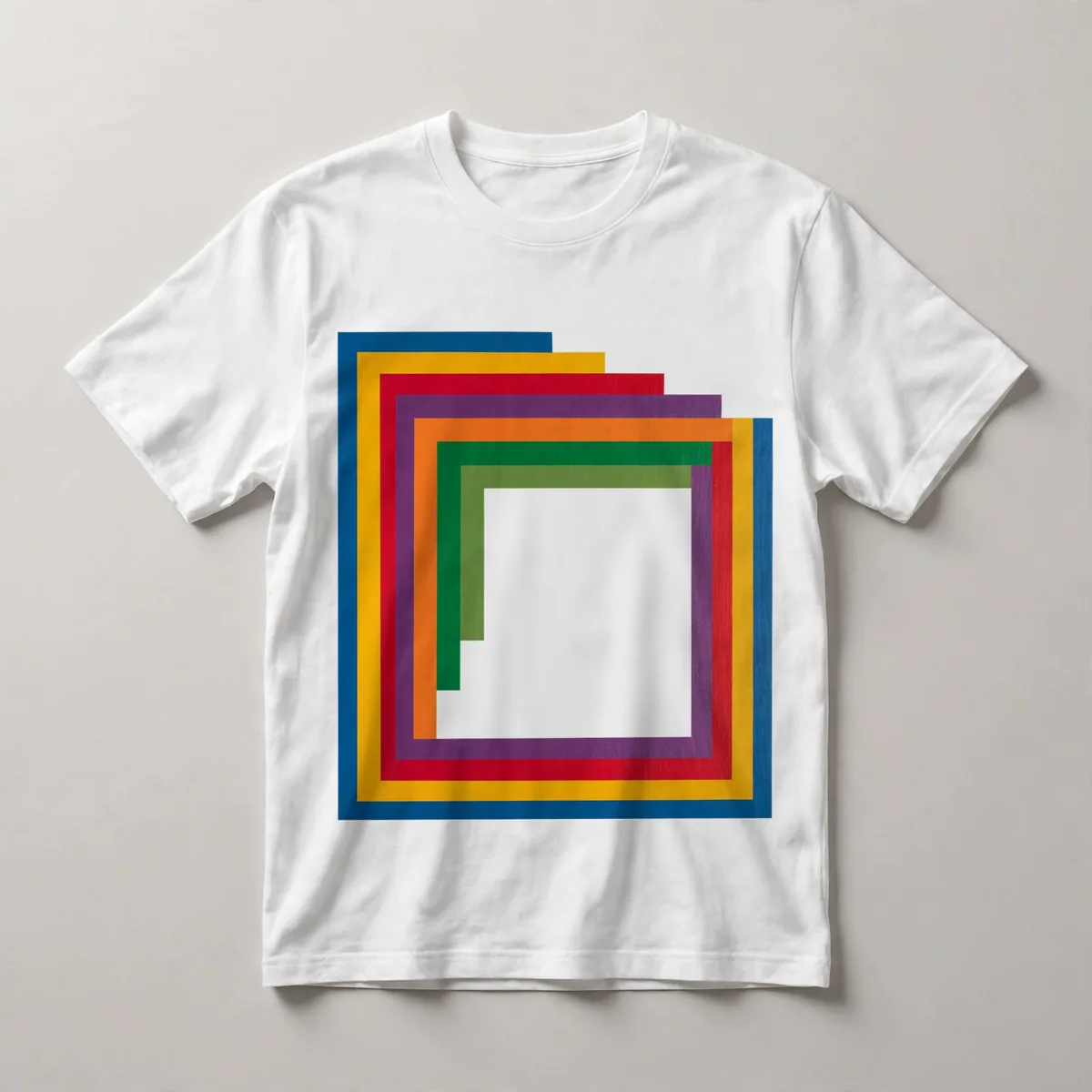 nested squares, rainbow colors, White front view
