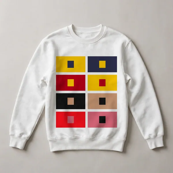 grid of colored squares, blue, yellow, red, White front view