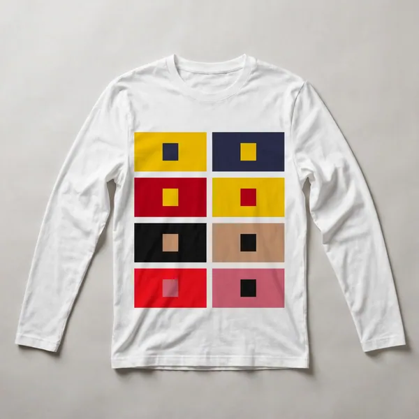 grid of colored squares, blue, yellow, red, White front view
