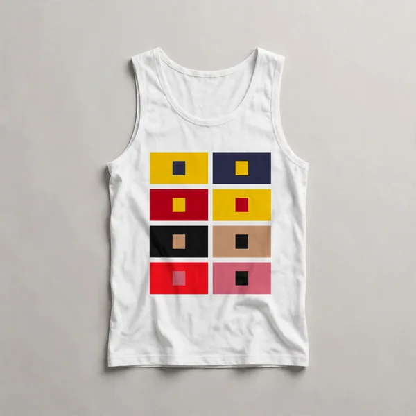 grid of colored squares, blue, yellow, red, White front view