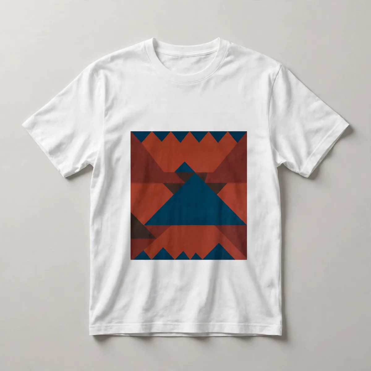 chevron triangles, rust red, dark blue, White front view