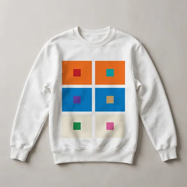 grid of colored squares, orange, teal, blue, magenta, White front view