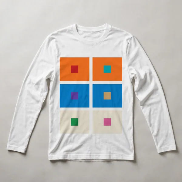 grid of colored squares, orange, teal, blue, magenta, White front view