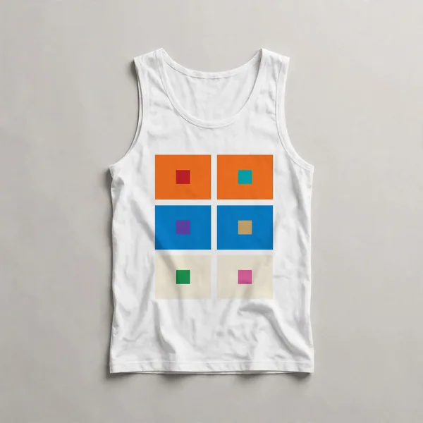 grid of colored squares, orange, teal, blue, magenta, White front view