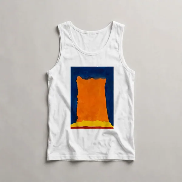 orange shape on navy blue, White front view