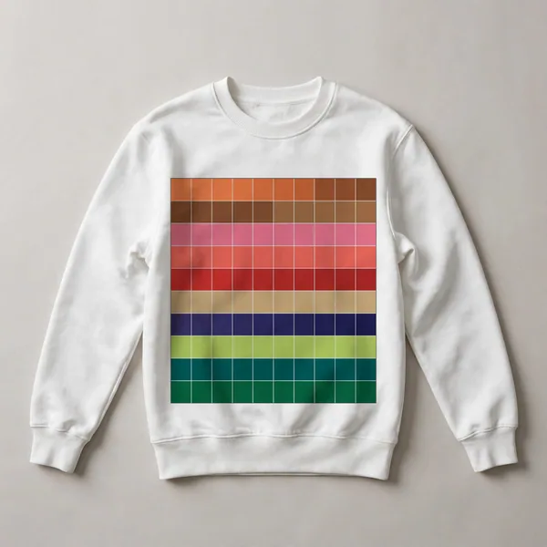 grid of squares, red, cream, yellow, green, White front view