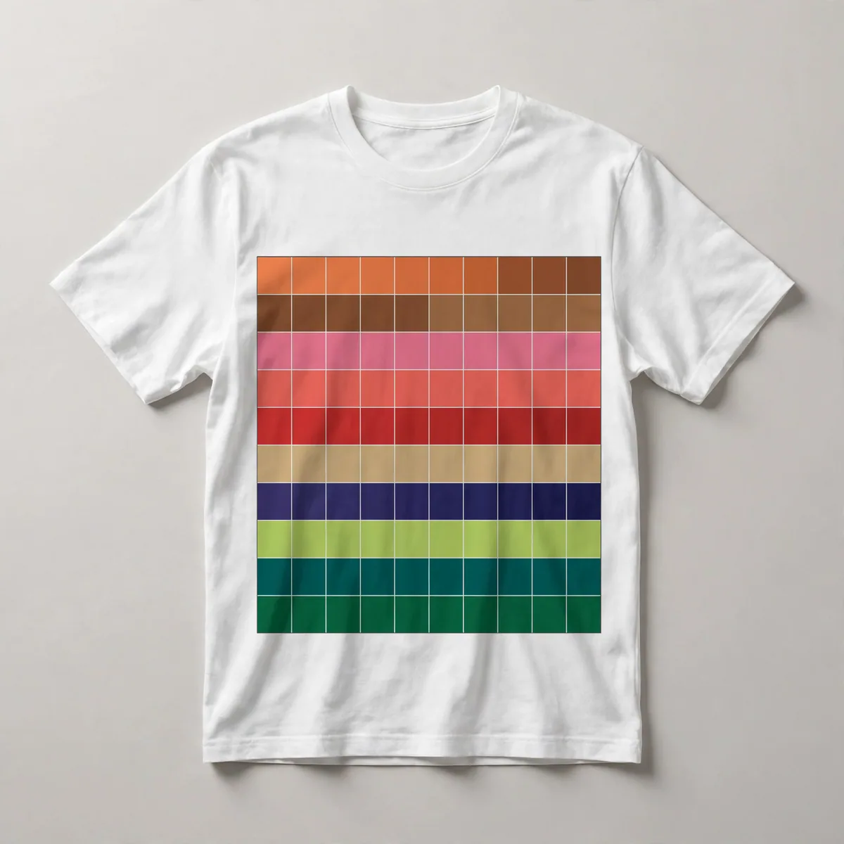 grid of squares, red, cream, yellow, green, White front view