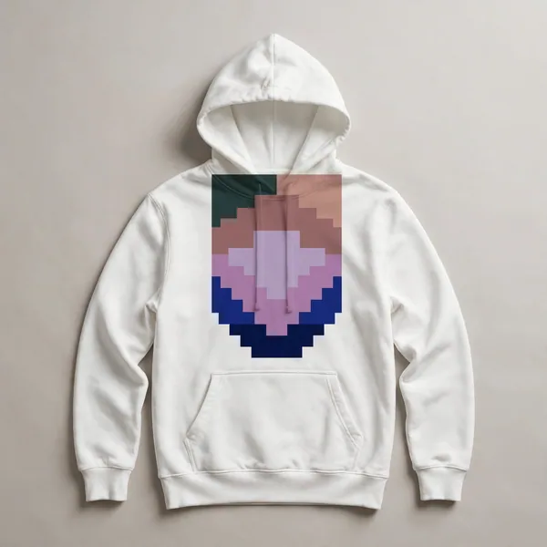 pixelated heart, pink on blue, White front view