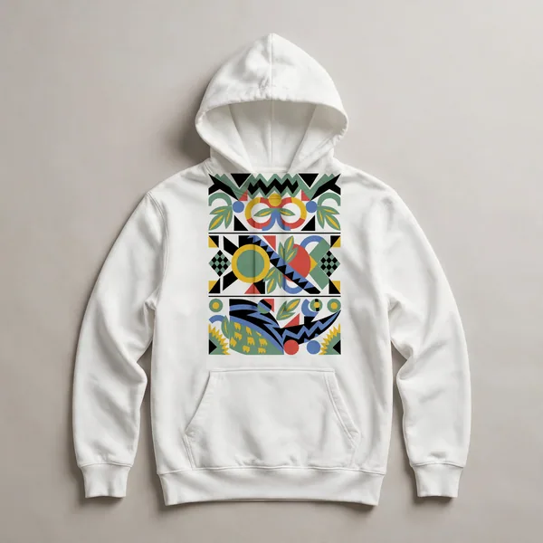 geometric pattern, yellow, black, white, green, White front view