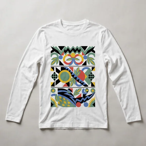 geometric pattern, yellow, black, white, green, White front view