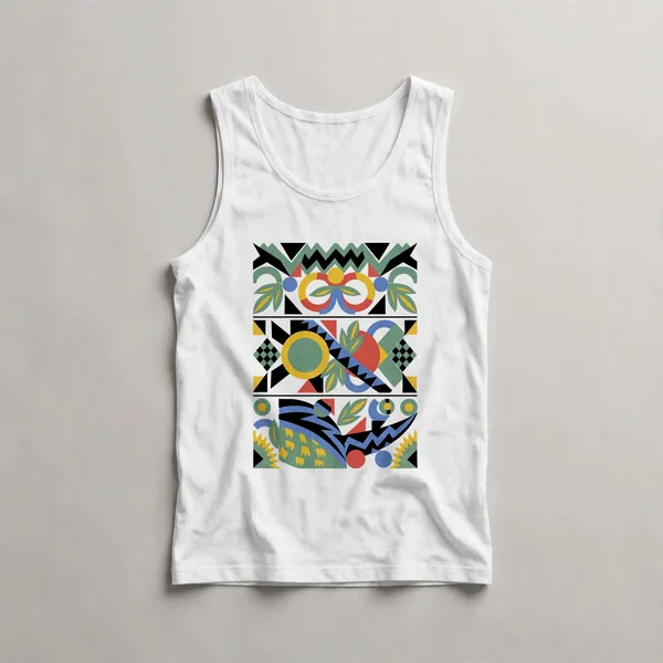 geometric pattern, yellow, black, white, green, White front view