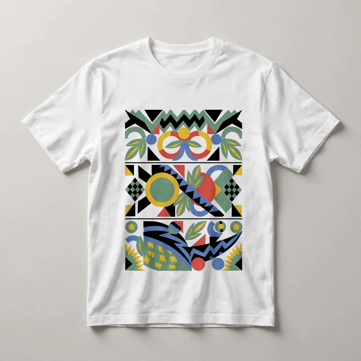 geometric pattern, yellow, black, white, green, White front view