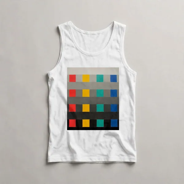 color blocks, gray, yellow, teal, blue, White front view