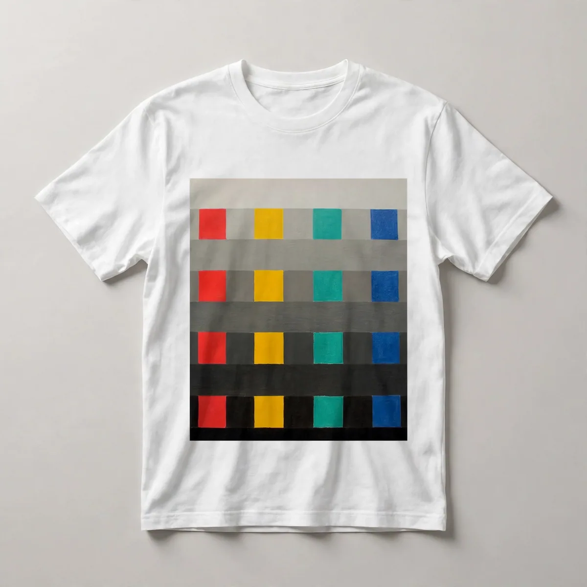 color blocks, gray, yellow, teal, blue, White front view