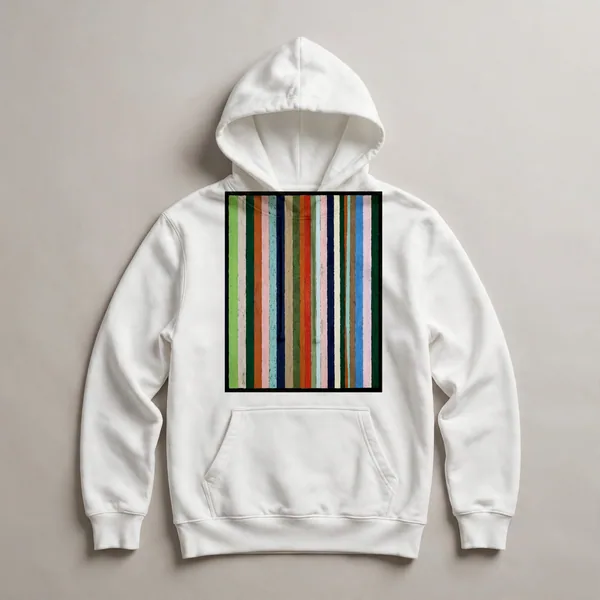 geometric stripes, green, white, black, orange, White front view