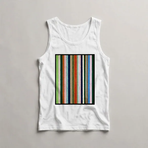 geometric stripes, green, white, black, orange, White front view