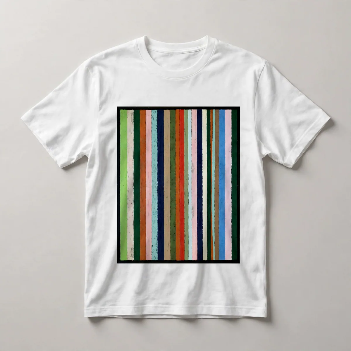 geometric stripes, green, white, black, orange, White front view