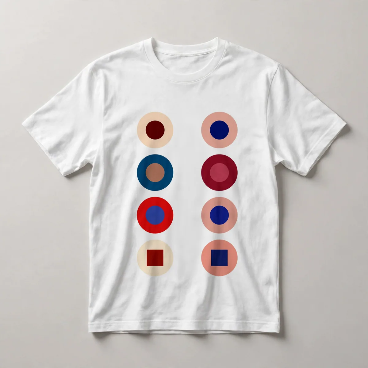 concentric circles, red, maroon, cream, White front view