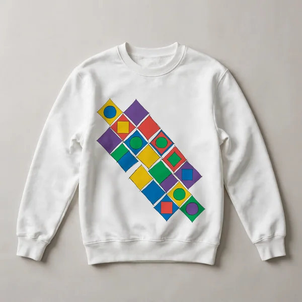 Neon colored diamond shapes on black field, White front view