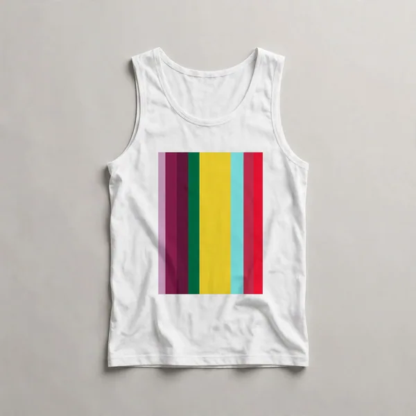 Vertical stripes in red, green, and yellow, White front view