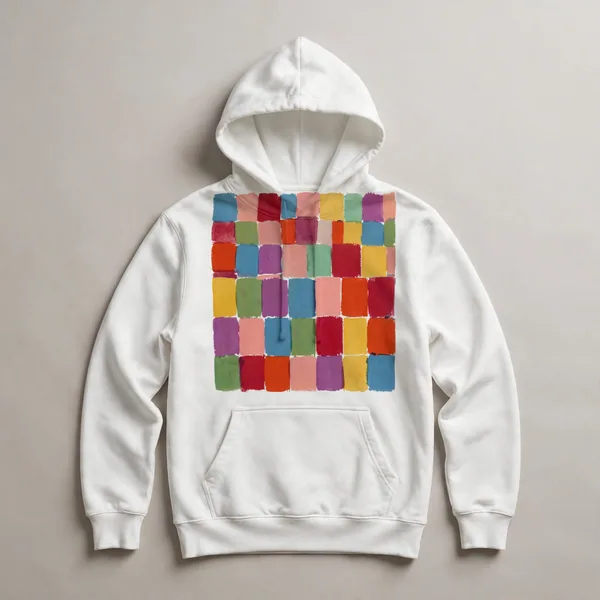 Chaotic patchwork of warm color blocks, White front view