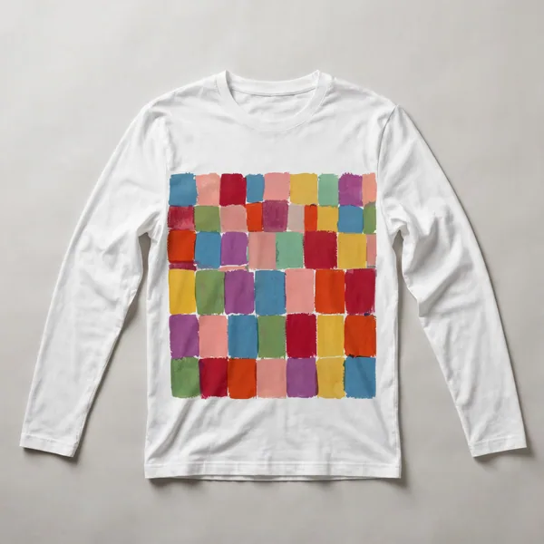 Chaotic patchwork of warm color blocks, White front view