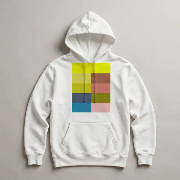 Bright yellow and green blocks on white, White front view