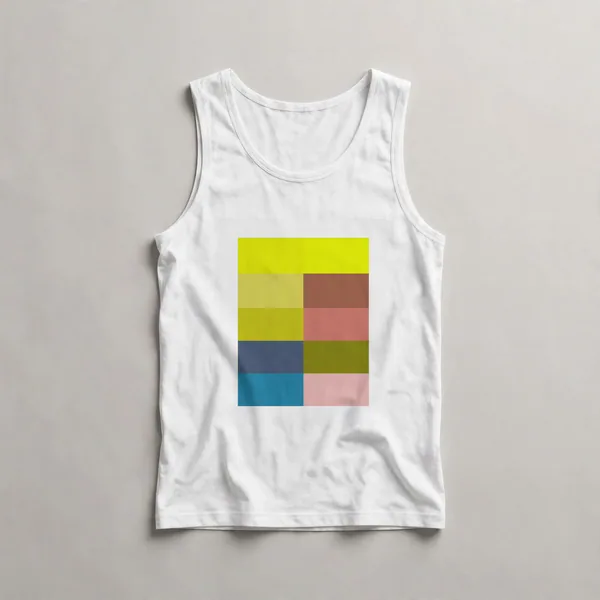 Bright yellow and green blocks on white, White front view