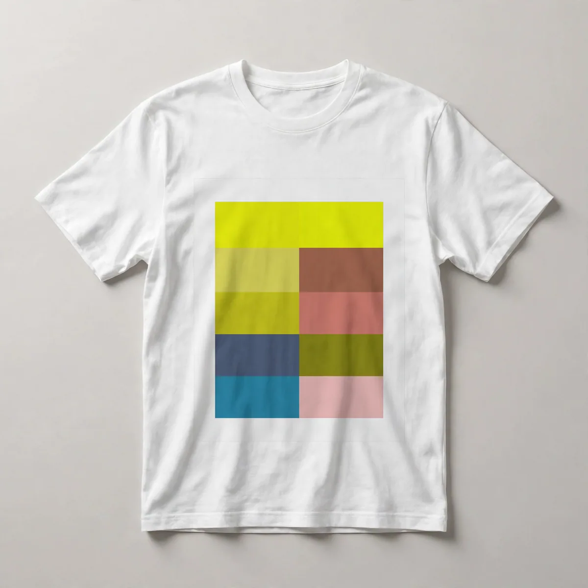 Bright yellow and green blocks on white, White front view