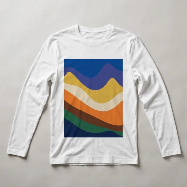 Wavy bands in blue, yellow, and orange, White front view