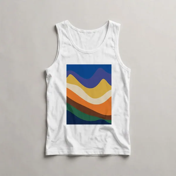 Wavy bands in blue, yellow, and orange, White front view