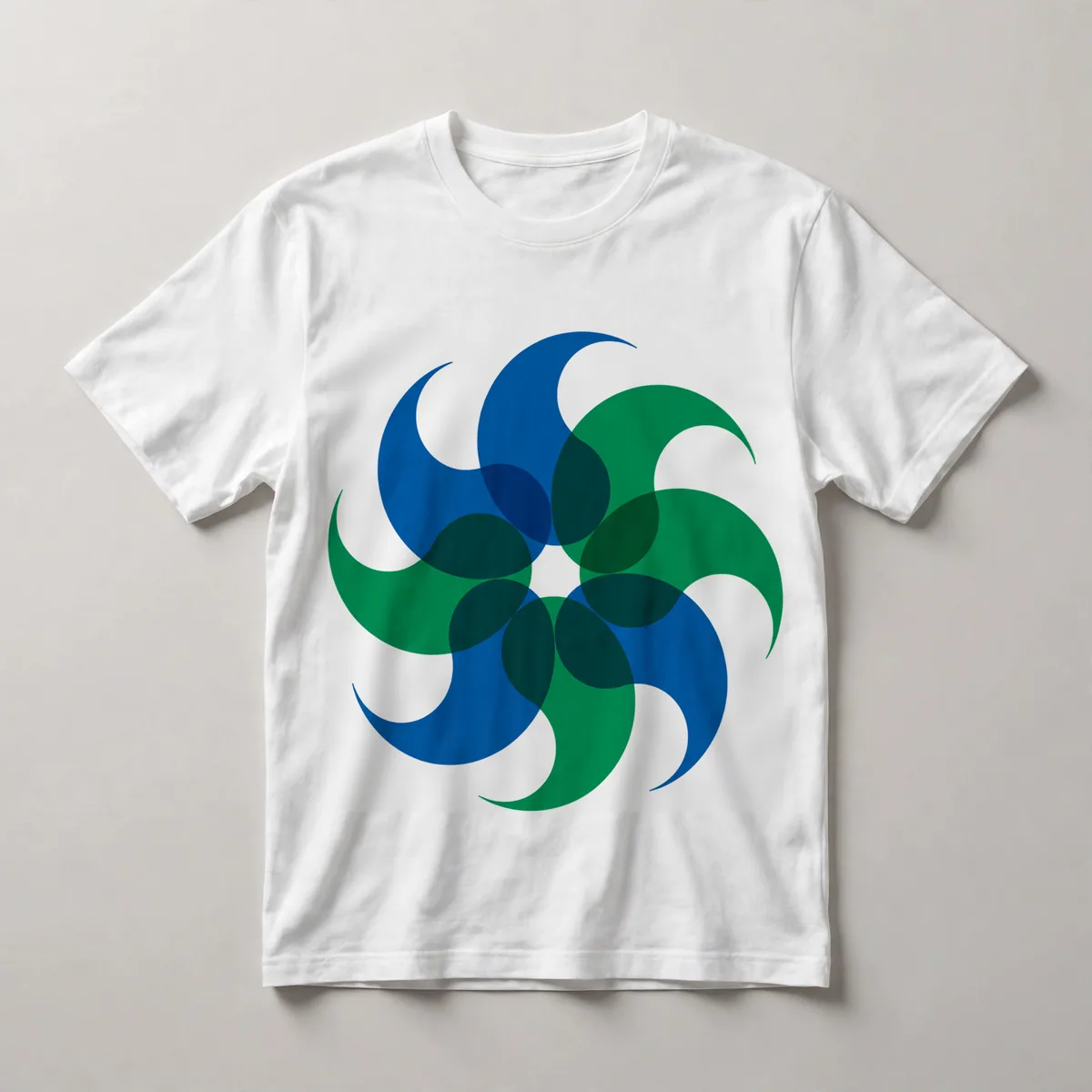 Green and cyan pinwheel on black, White front view