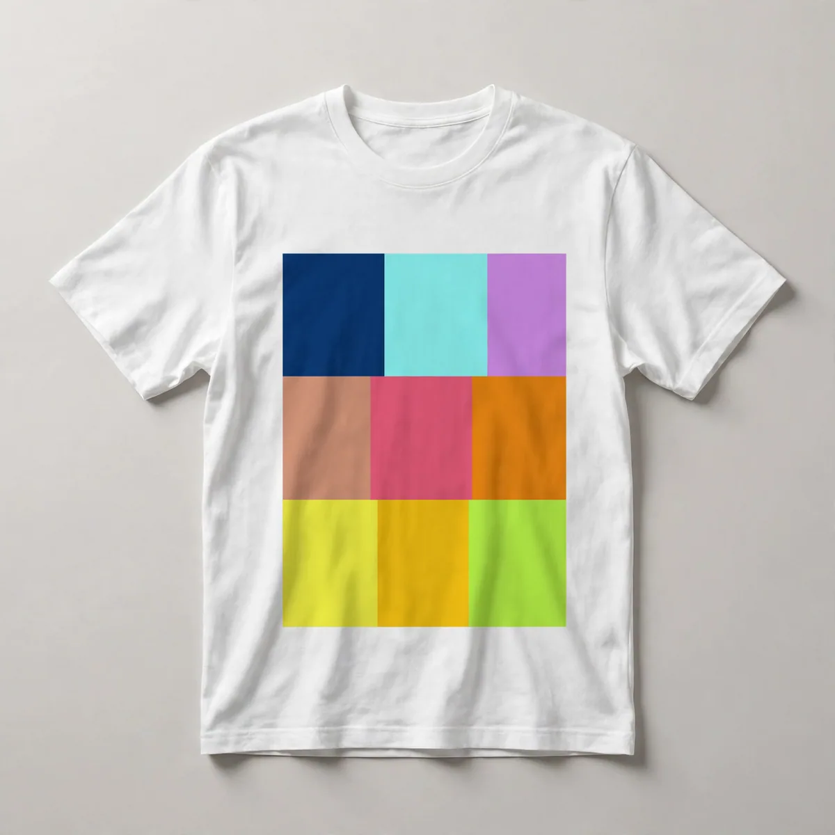 Navy, cyan, magenta, and yellow squares, White front view