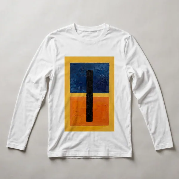 Navy and orange geometric division, White front view