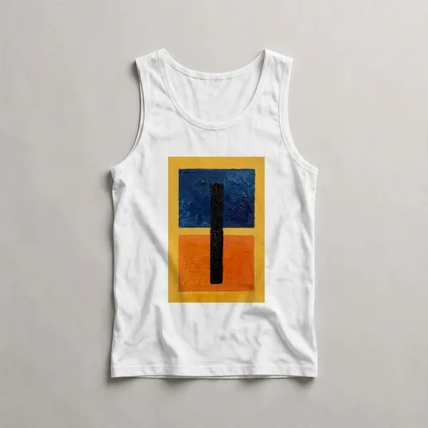 Navy and orange geometric division, White front view