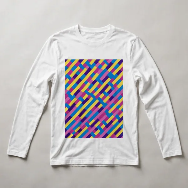 Diagonal stripes in blue, magenta, and yellow, White front view