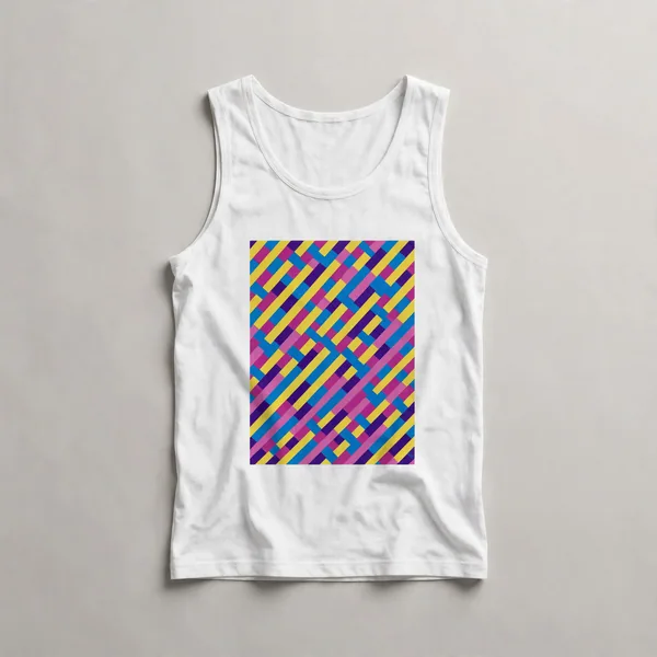 Diagonal stripes in blue, magenta, and yellow, White front view