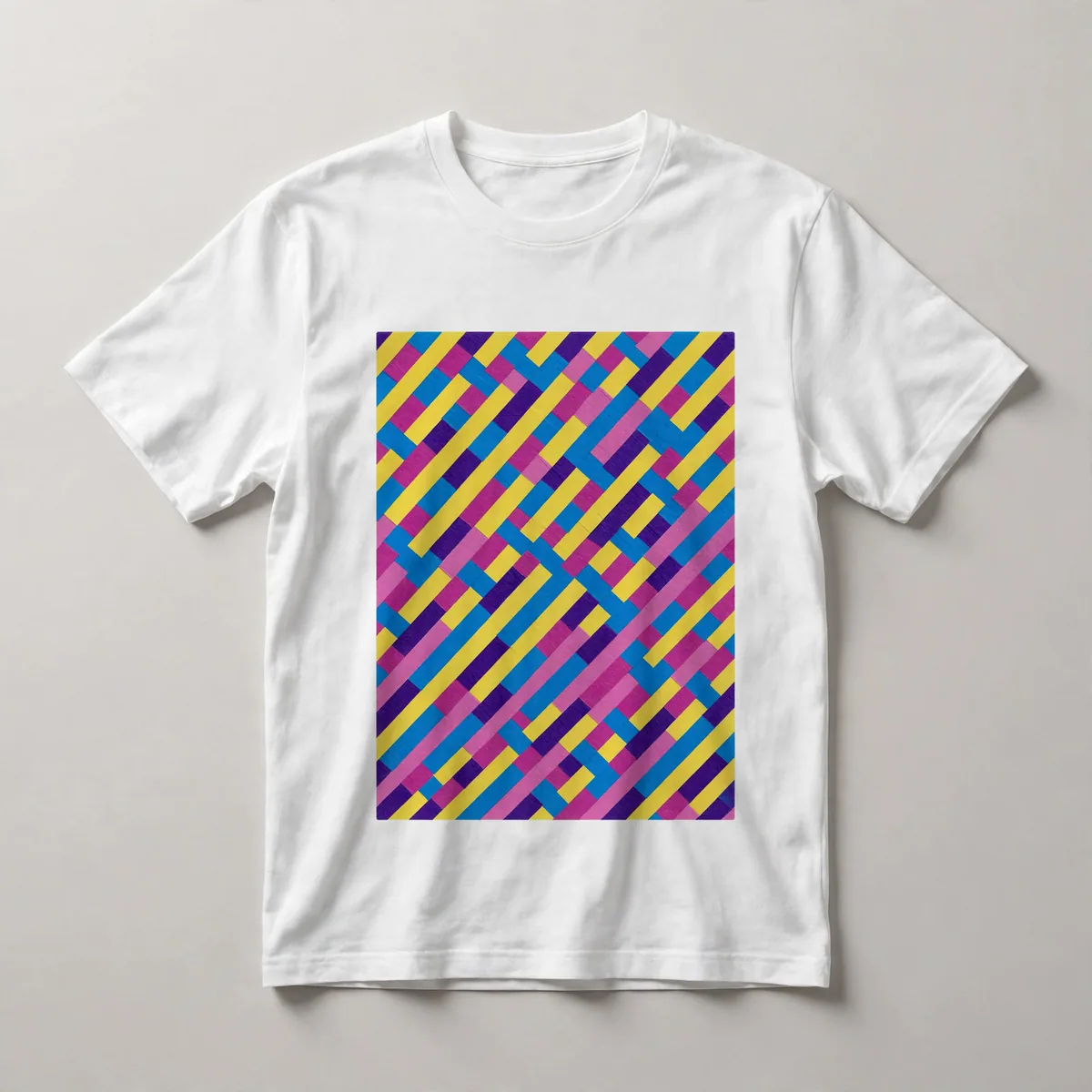 Diagonal stripes in blue, magenta, and yellow, White front view