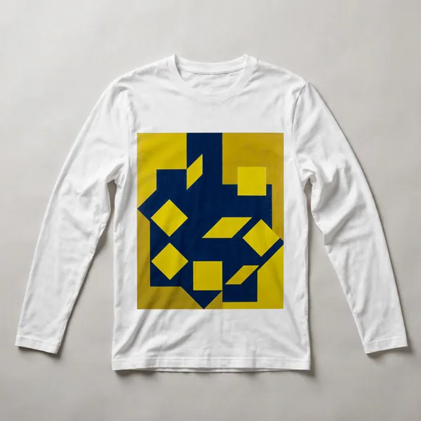Navy and yellow geometric shapes, White front view