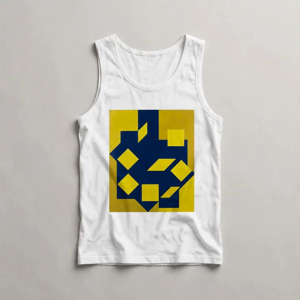 Navy and yellow geometric shapes, White front view
