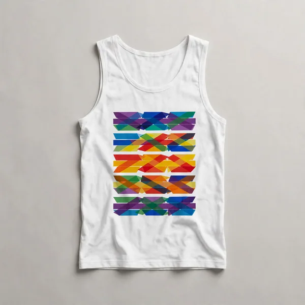 Rainbow colored triangle pattern, White front view