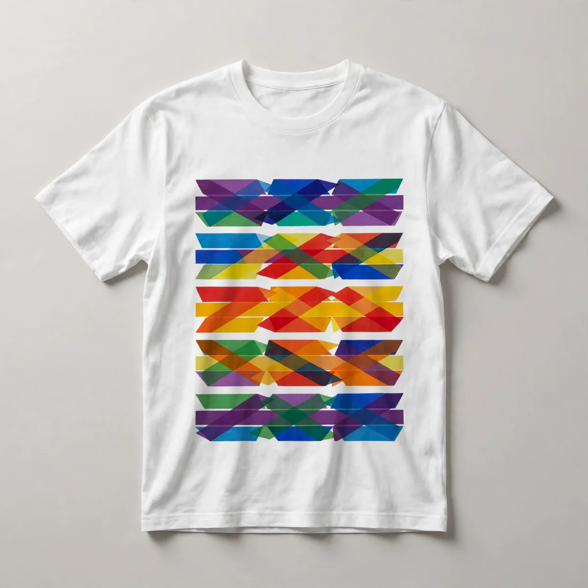 Rainbow colored triangle pattern, White front view