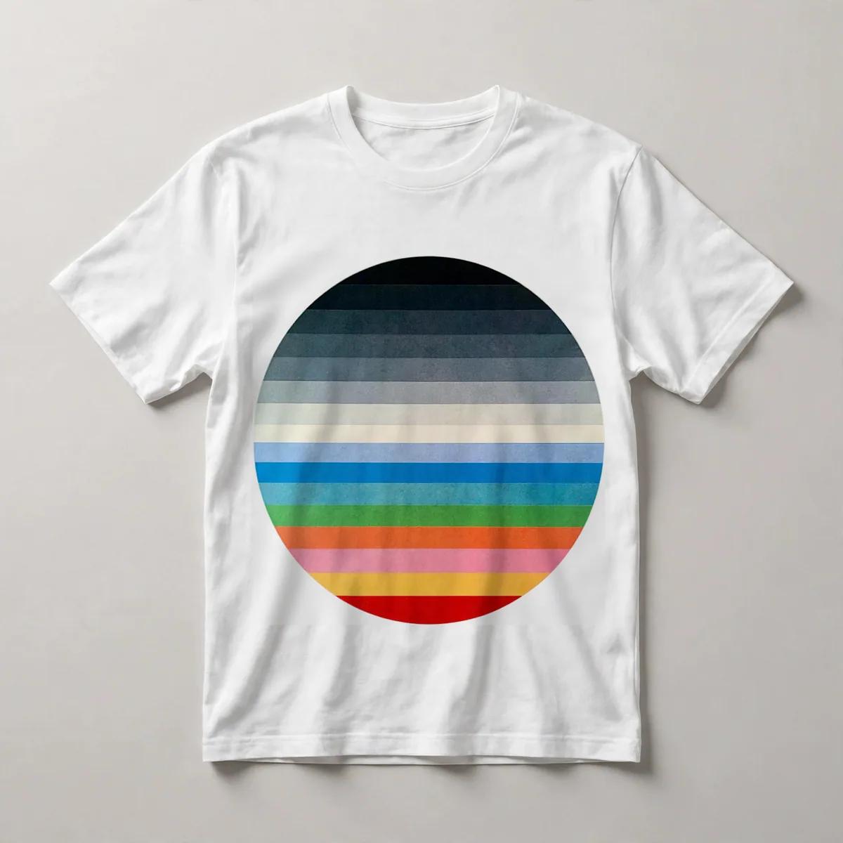 Concentric circles with rainbow ring on black, White front view