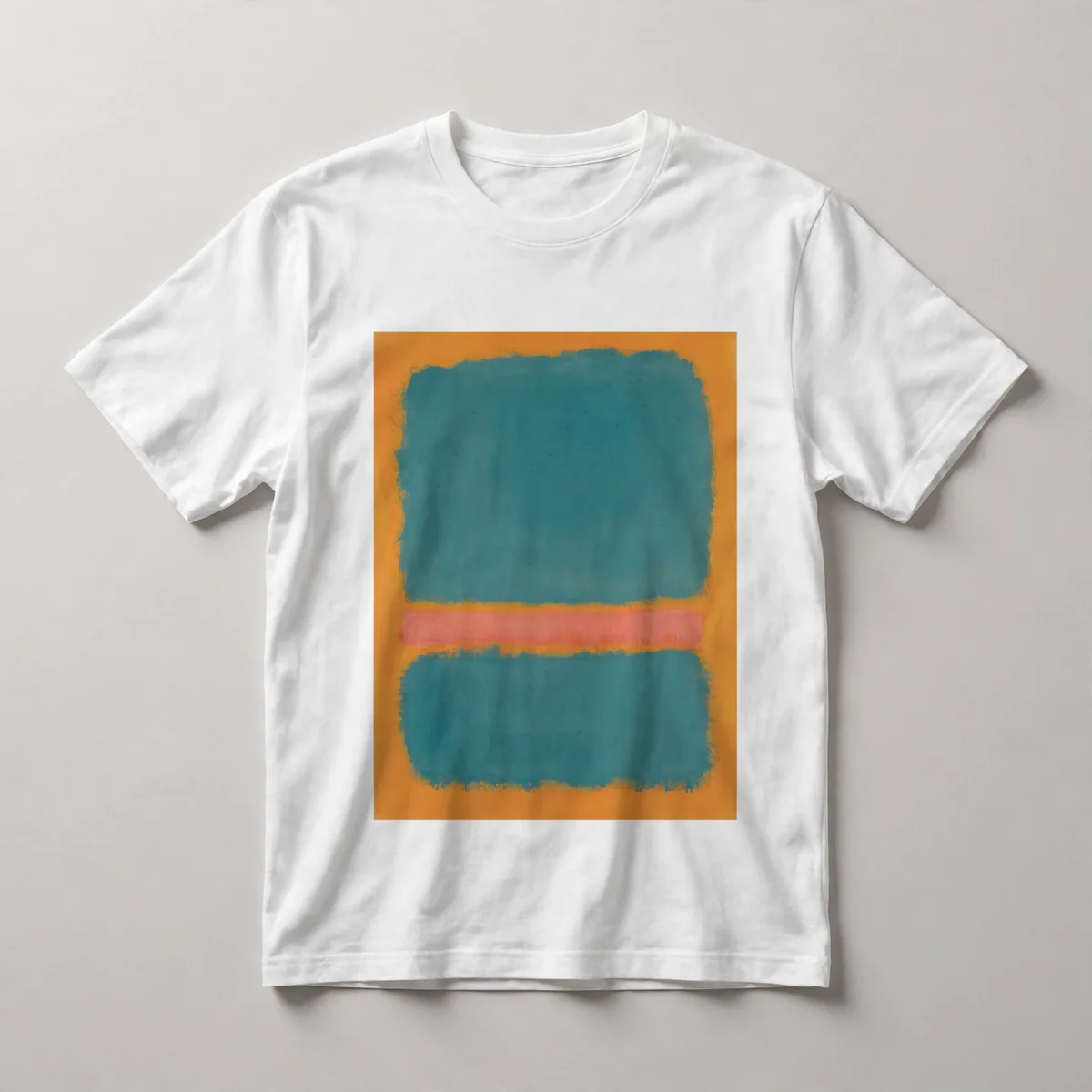 Teal upper, orange lower divided composition, White front view