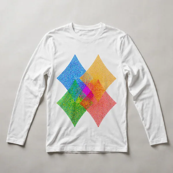 Cyan and colorful shapes on black, White front view