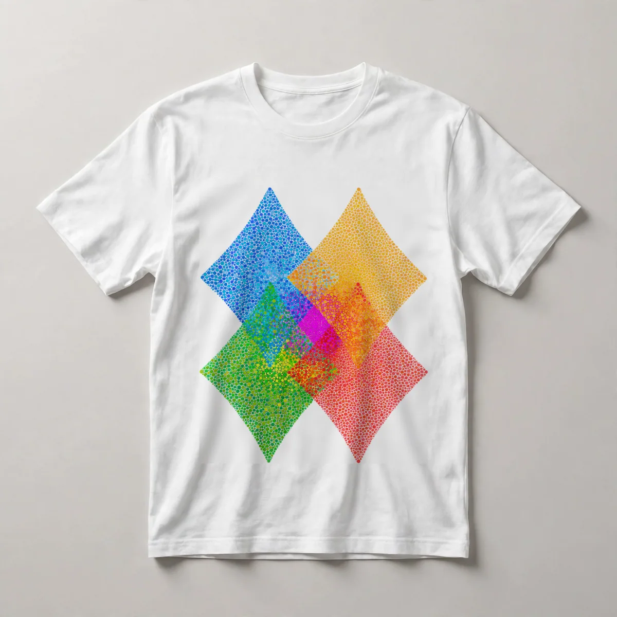 Cyan and colorful shapes on black, White front view