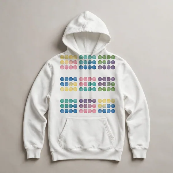 Pastel dots in pink, teal, cream pattern, White front view