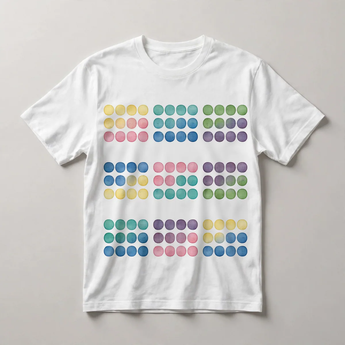 Pastel dots in pink, teal, cream pattern, White front view