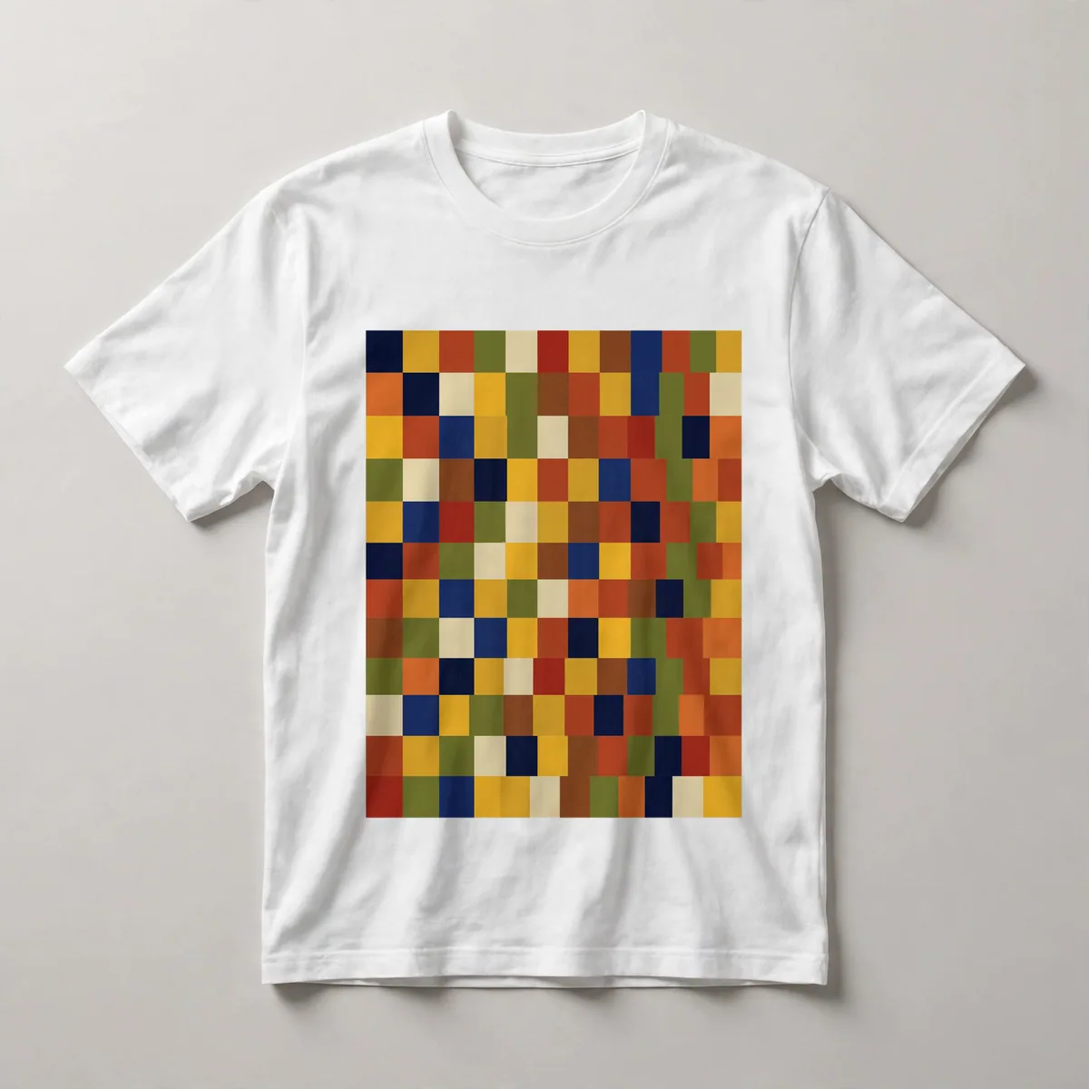Chaotic multicolor patchwork blocks, White front view